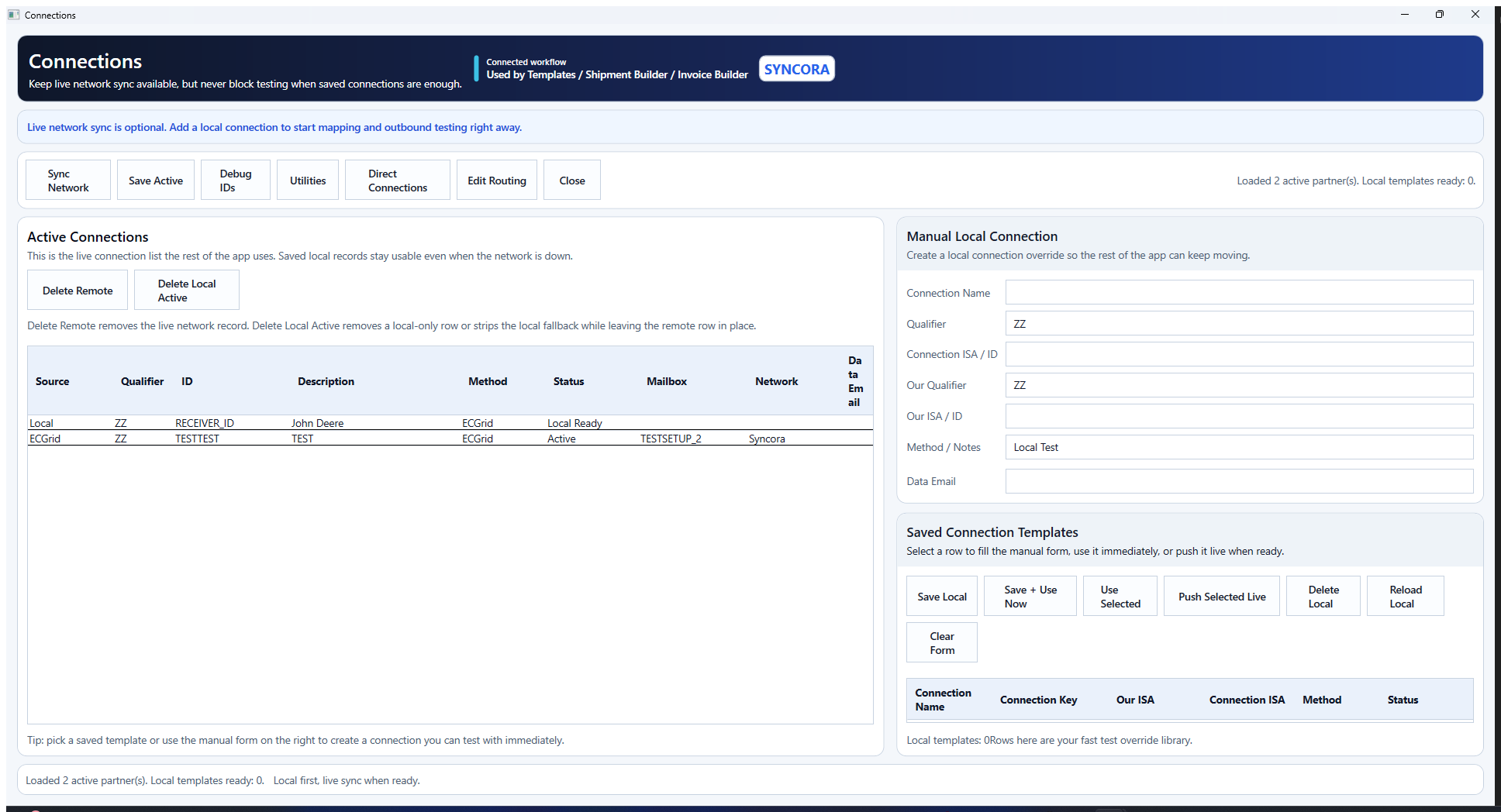 Syncora connections window showing active connections and manual local setup.