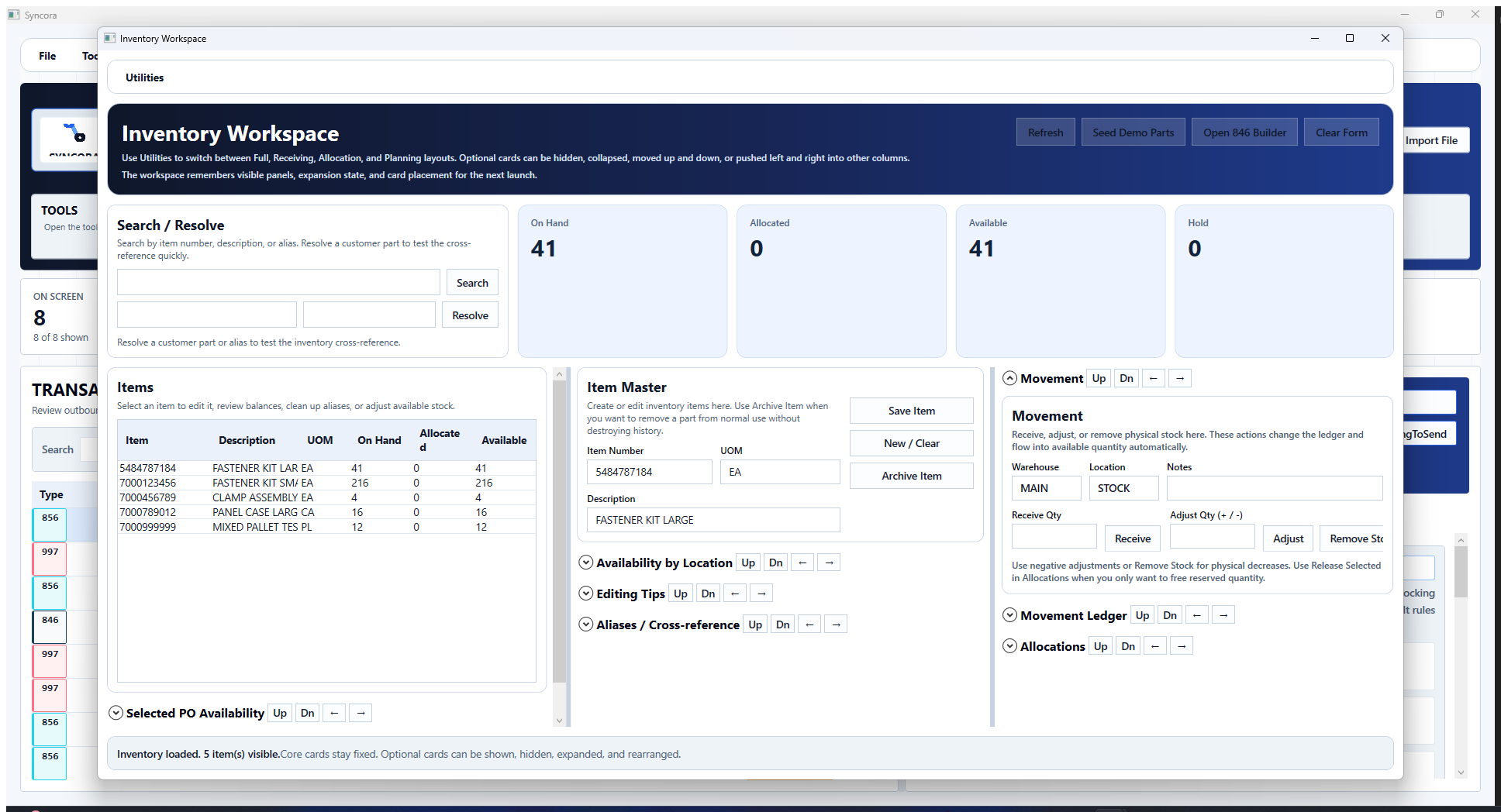 Syncora inventory workspace showing on-hand, allocated, and available quantities.