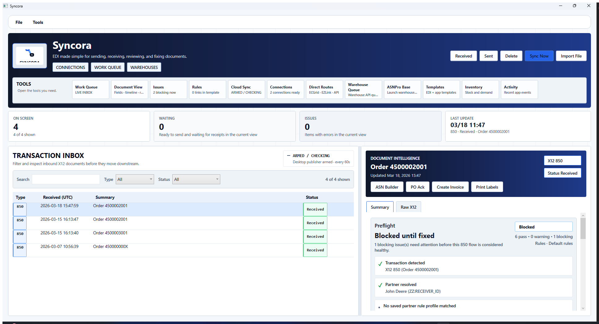Syncora workstation showing the received queue and a document intelligence panel.