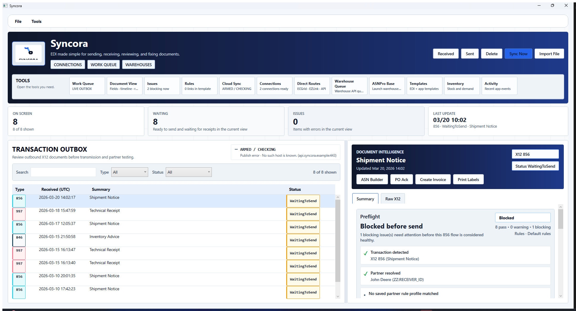 Syncora sent queue showing outbound documents and detailed document data.